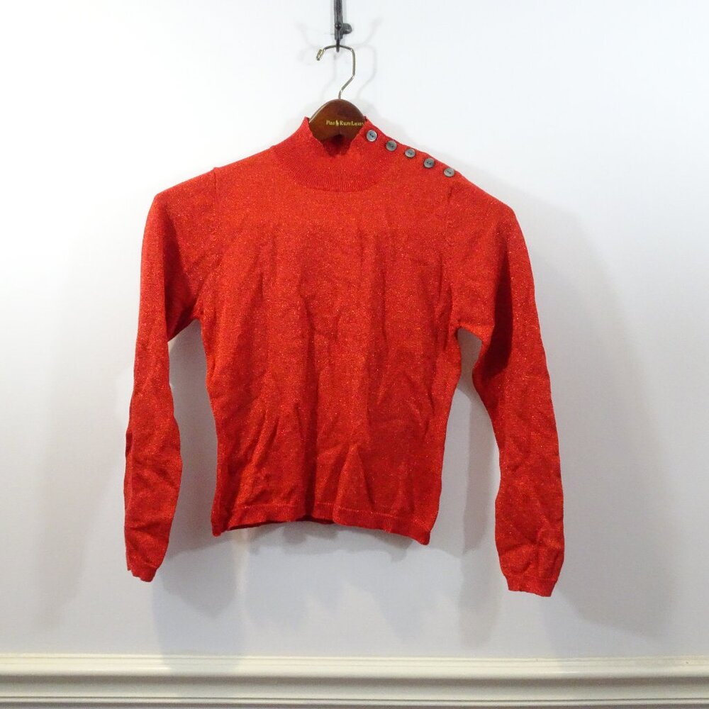 Ballinger Gold Mock Neck Knit Sweater Top Red Small S Metallic Button Shoulder